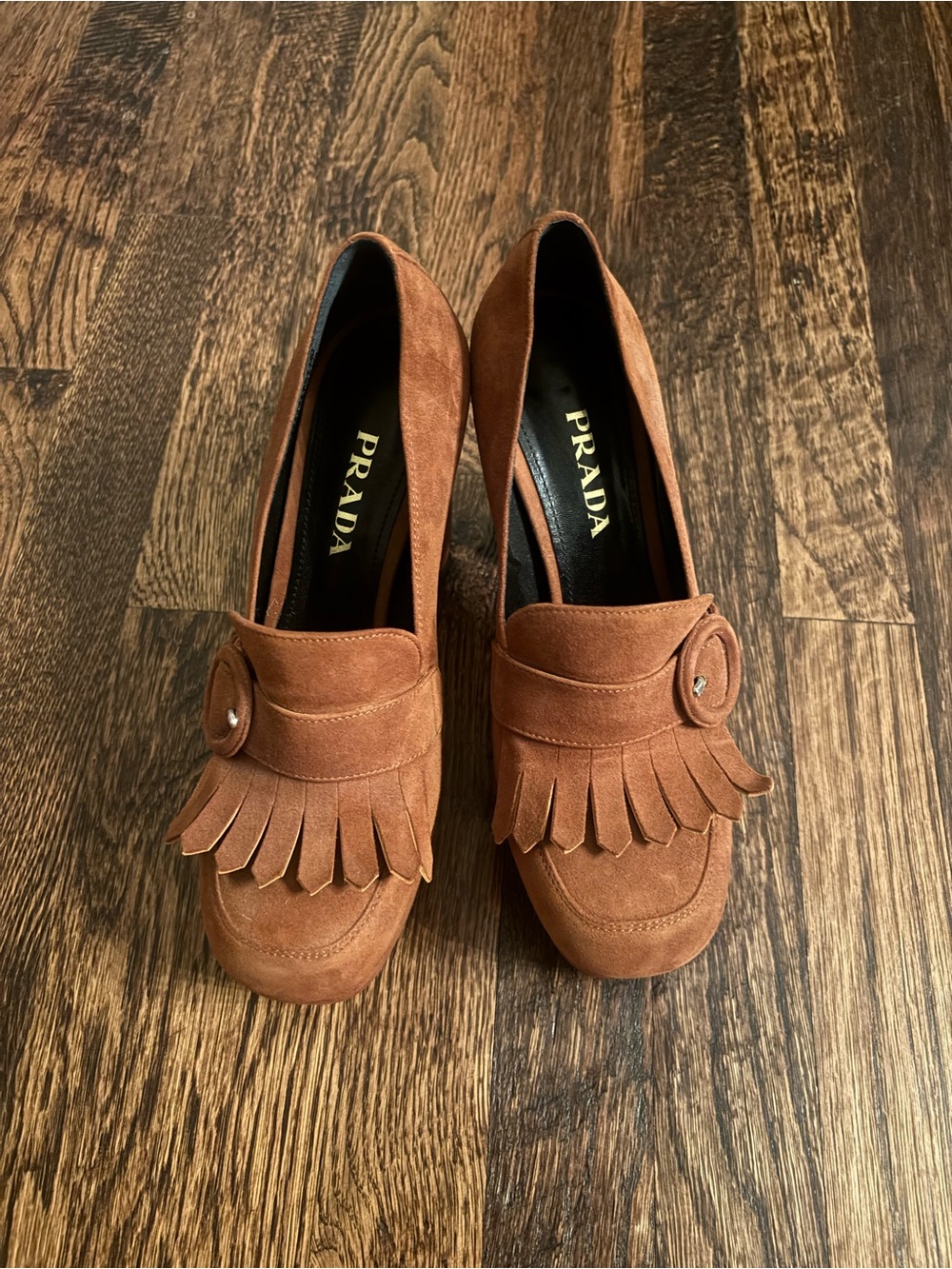 Prada Women's Brown Suede Fringe Platform Loafers